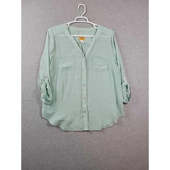 Ruby Rd Pale Green RTS V Neck Semi Sheer Guazy Button Up Shirt Women's Plus 1X - Picture 1 of 11